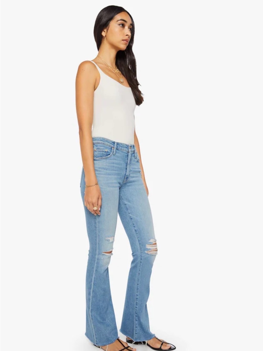 MOTHER Light Blue High-Rise Flare Jeans with Knee Rips 939